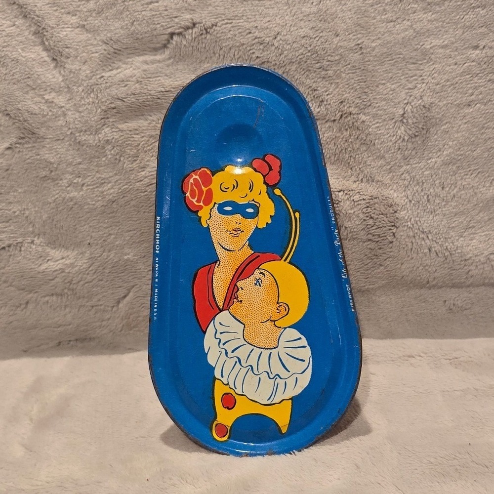 Vintage Kirchhof Tin Litho Noisemaker Life of the Party Masked Lady Clown Blue